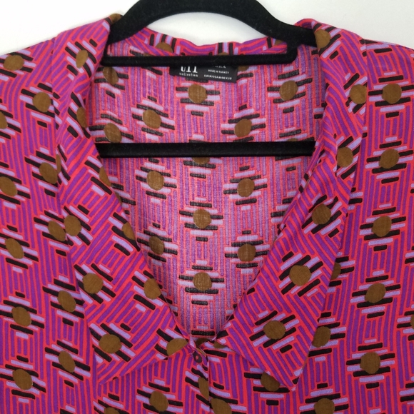 Zara TRF Pink Retro Print Geometric V-Neck Collared Short Sleeve Blouse Shirt M - Picture 6 of 6
